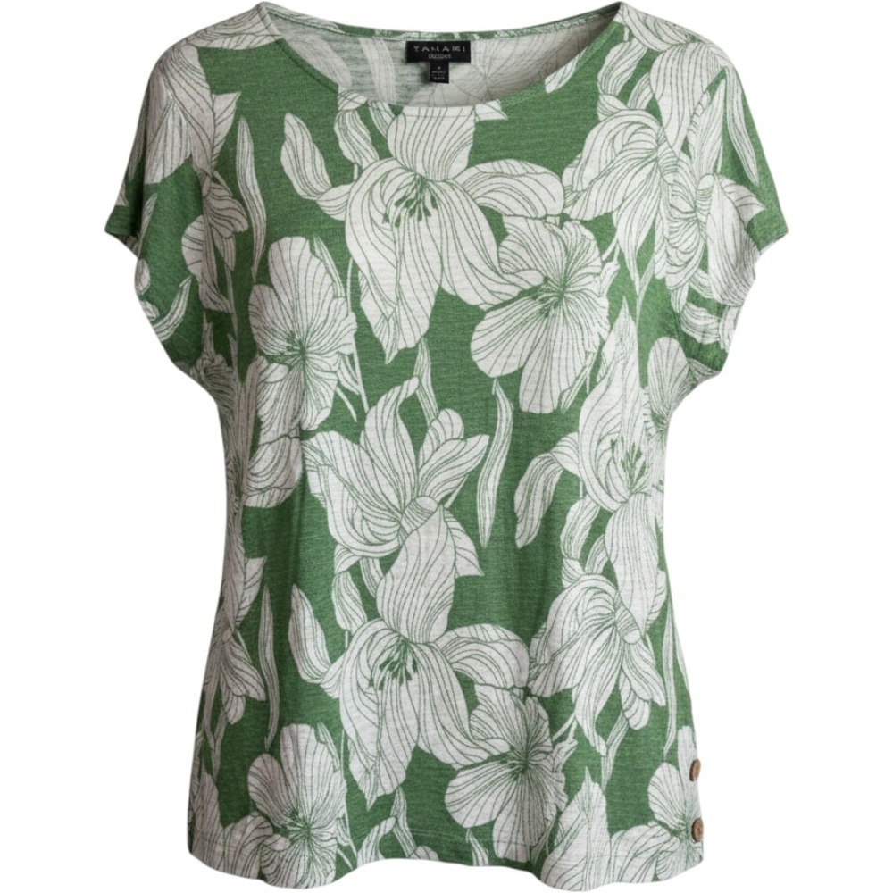 Tahari Womens XL Green White Floral 100% Linen Lagenlook Button Side Top